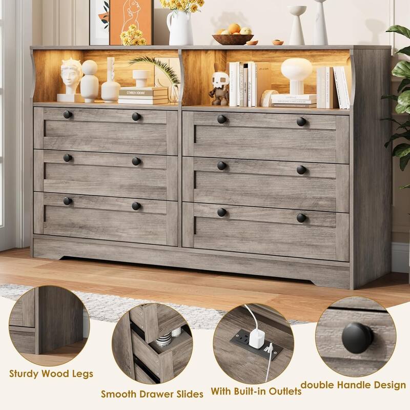 6 Drawer Dresser for Bedroom with Power Outlet and LED Light