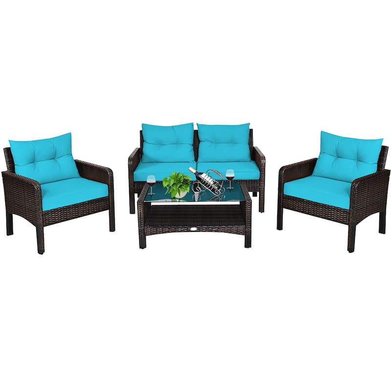 Costway 4PCS Patio Rattan Furniture Set Loveseat Sofa Coffee Table - 28'' x26'' x29''