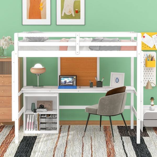 slide 2 of 11, Twin Size Loft Bed with Desk and Writing Board, Pine Wooden Bed with Desk, Kid's Bed with 2 Drawers Cabinet, White White