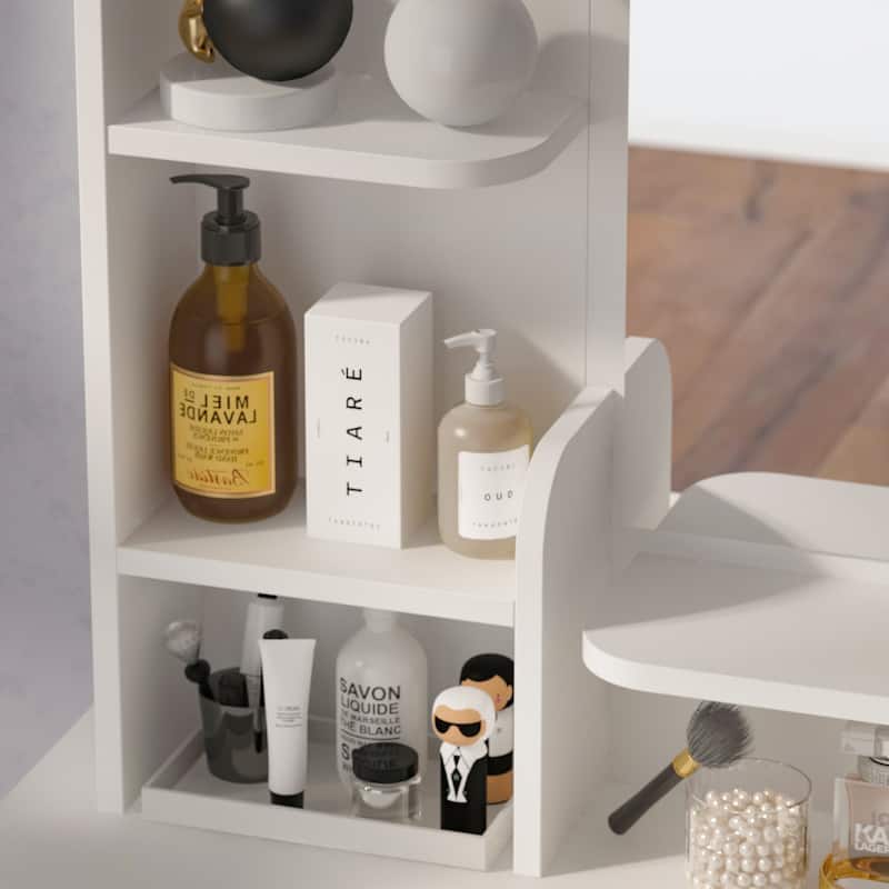 Kerrogee Wooden Makeup Vanity Table with Mirror - Open Shelves & 5 Drawers - White - 31.5"L x 15.7"W x 55.1"H