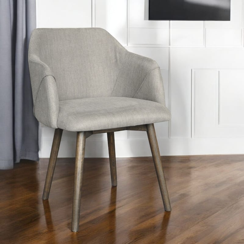 Grey Fabric Upholstered Armchair with Brown Wood Legs Solid Back Dining Seat - 23” x 23” x 34” (D x W x H)