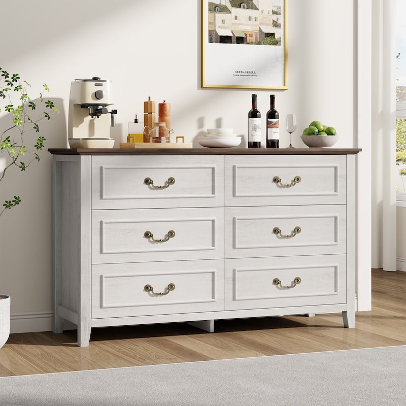 Farmhouse 6 Drawer Dresser for Bedroom, Vintage Dresser with Antique Handles