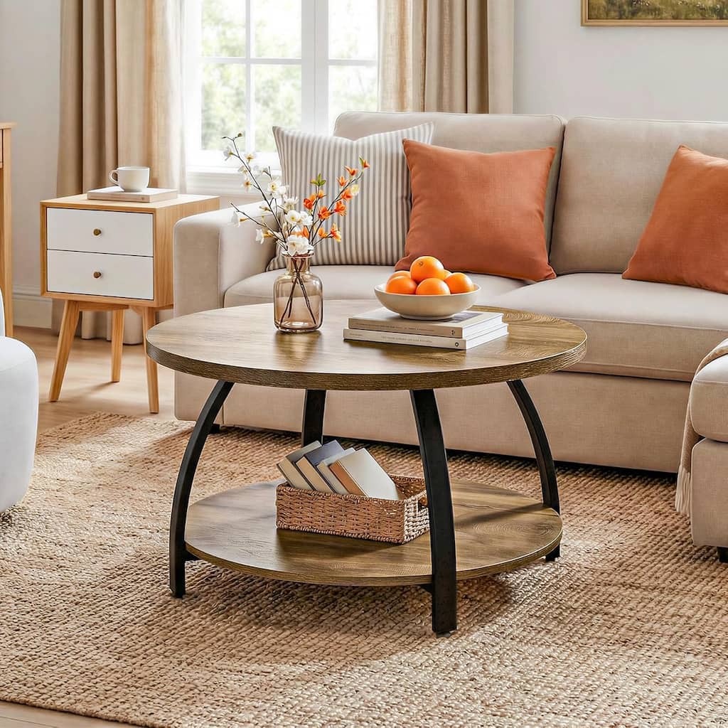 Farmhouse 31.5-Inch Round Coffee Table, Small Circle Cocktail Table for Living Room