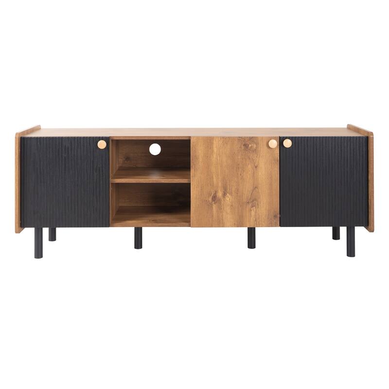 Mid-century TV Stand for TVs up to 70" with 3 Cabinets and 2 Open Storage Compartments, for Living Room and Bedroom