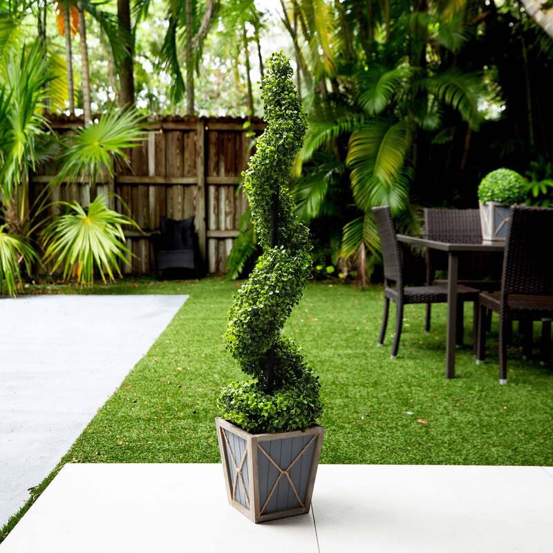 45" UV Resistant Boxwood Spiral Topiary with Lights in Planter - Green
