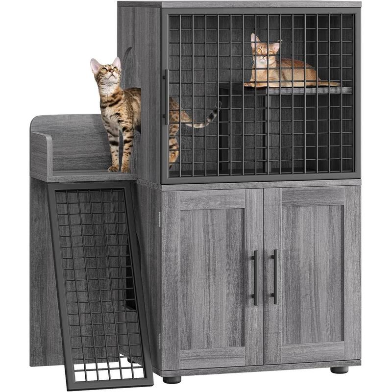 Litter Box Enclosure with Cat House - Black