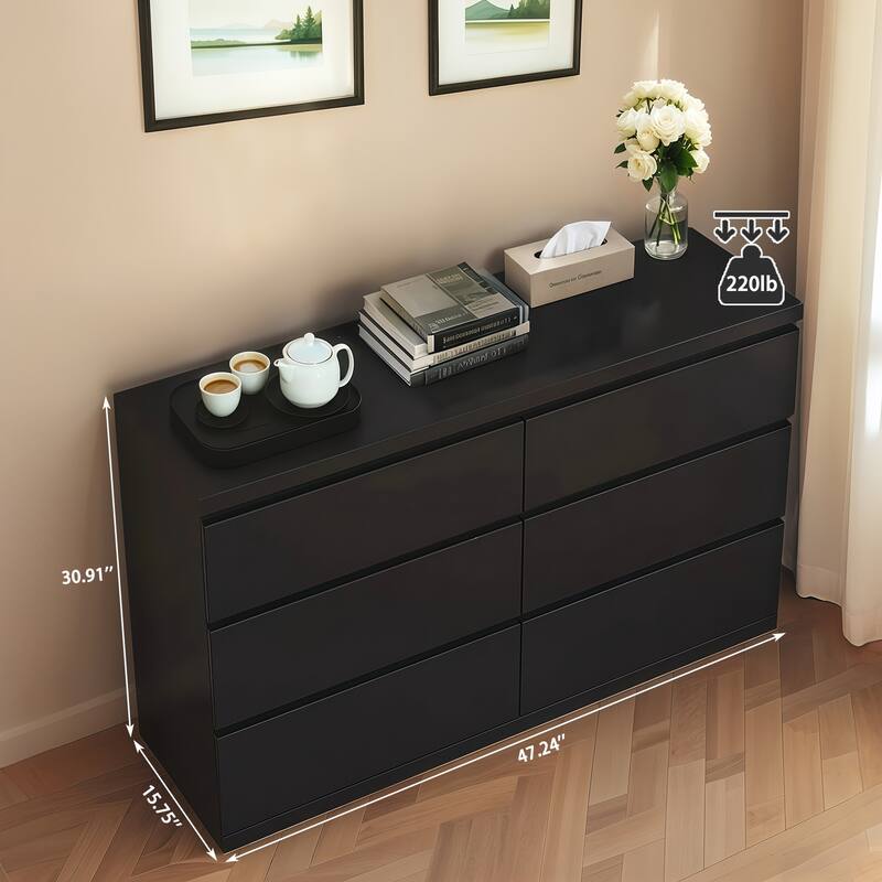 6 Drawer Dresser with Spacious Countertop,Wood Storage Cabinet with Concealed Handles & 6 Deep Drawers,15.7"D x 47.2"W x 30.9"H