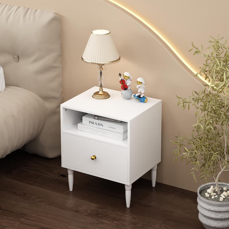 Modern Nightstand with Drawer and Open Shelf, Bedside Table with Gold Knob, Solid Wood Legs, Small End Table for Bedroom