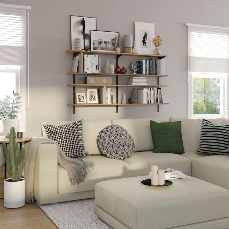 Wallniture Turin 54" Wall Mounted Shelves with Adjustable Brackets, Floating Shelves for Living Room & Office Decor, 2,3,4 Tier - 4 Tier