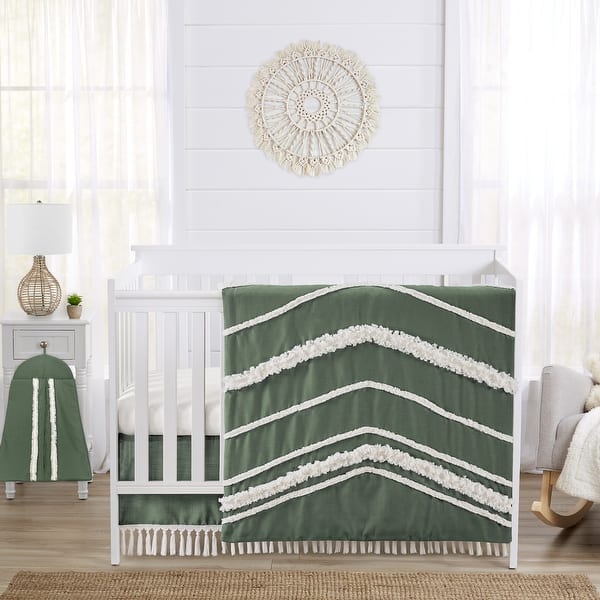 slide 2 of 6, Dark Green Boho Chic Girl Boy Unisex Nursery Crib Bedding Set Solid Sage Hunter Ivory Bohemian Linen Macrame Modern Farmhouse