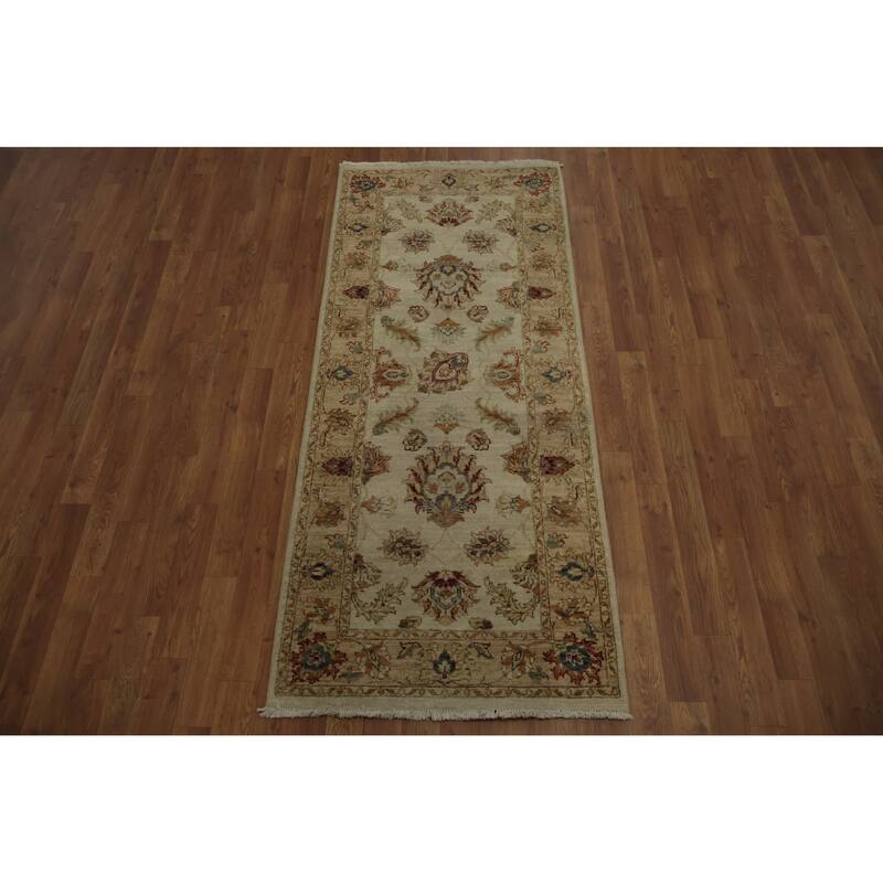 Hand Knotted Oriental 100% Wool Carpet Traditional Floral Beige & Ivories Peshawar Area Rug - 6' 2'' X 2' 7''
