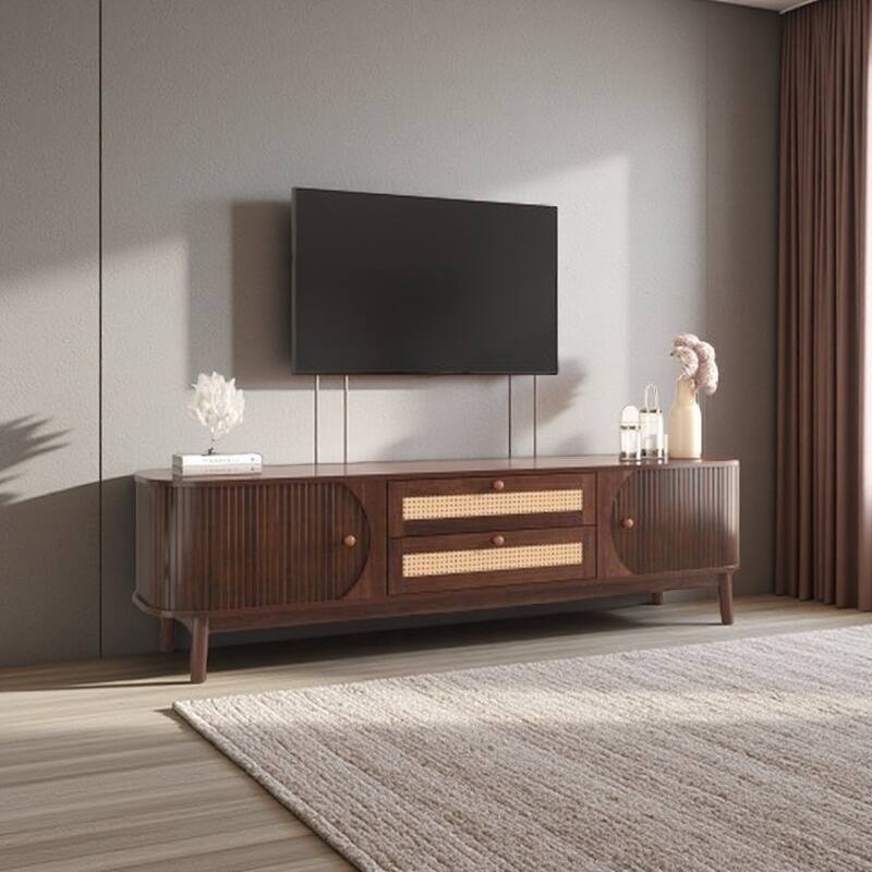 Rattan TV Stand for 75" TVs, Modern Farmhouse Media Console with Solid Wood Legs, Sliding Doors, Cable Management - Natural Wood+Brown