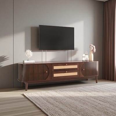 Rattan TV Stand for 75" TVs, Modern Farmhouse Media Console with Solid Wood Legs, Sliding Doors, Cable Management