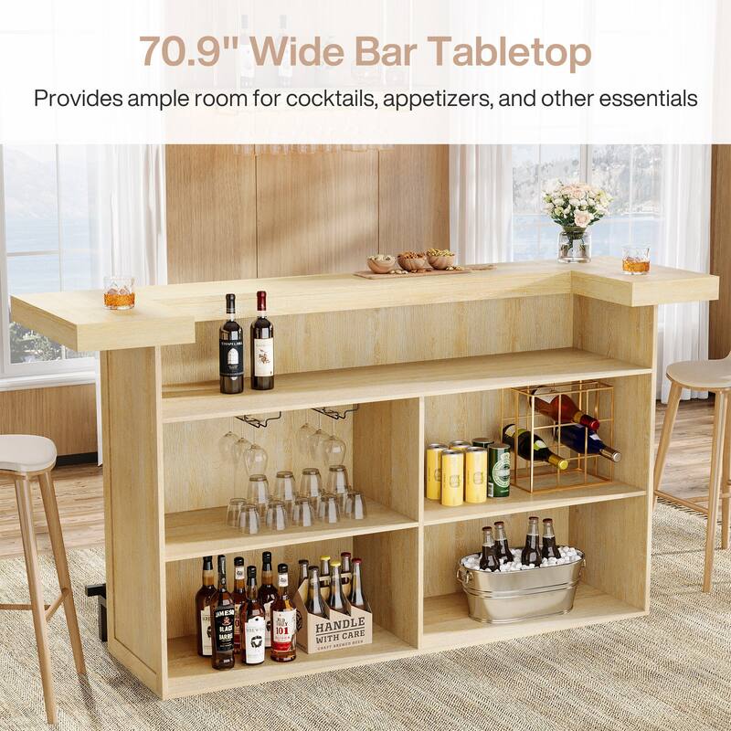Industrial Wood Bar Table Liquor Cabinet with Wine Glass Holder