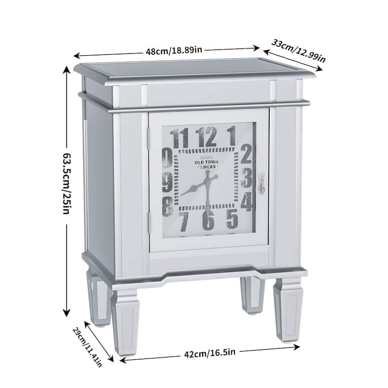 Mirrored Nightstand Clock End Table Silver Bedside Table Living Room - 19"x13"x25"