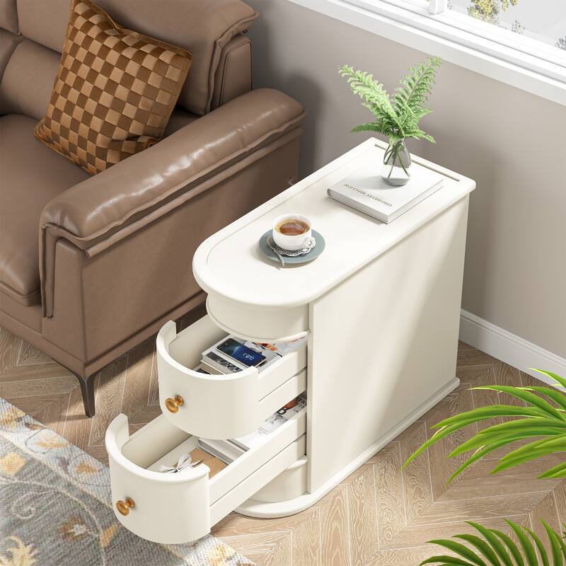 Wood Nightstand with 2 Drawers, Narrow Bedside Table No Assembly