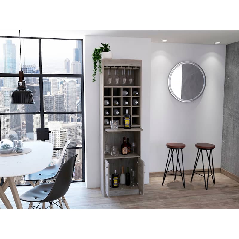 TUHOME Kava Bar Cabinet with 16 Wine Cubbies, 12 Glass Racks, 1 Shelf, Concealable Serving Tray, and Double Door - N/A