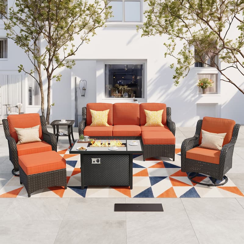 OVIOS 7-piece Patio Swivel Chair Set with 42" Fire Table - Orange/Red-Brown Wicker