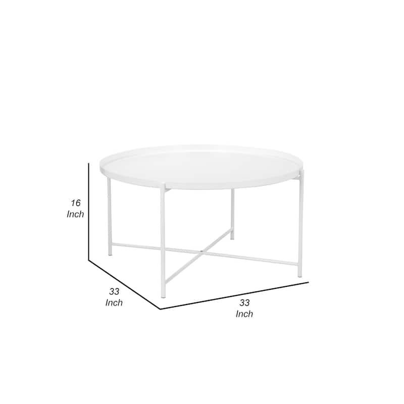 Ely 33 Inch Coffee Table, Round Top with Cross Base, White Metal Finish