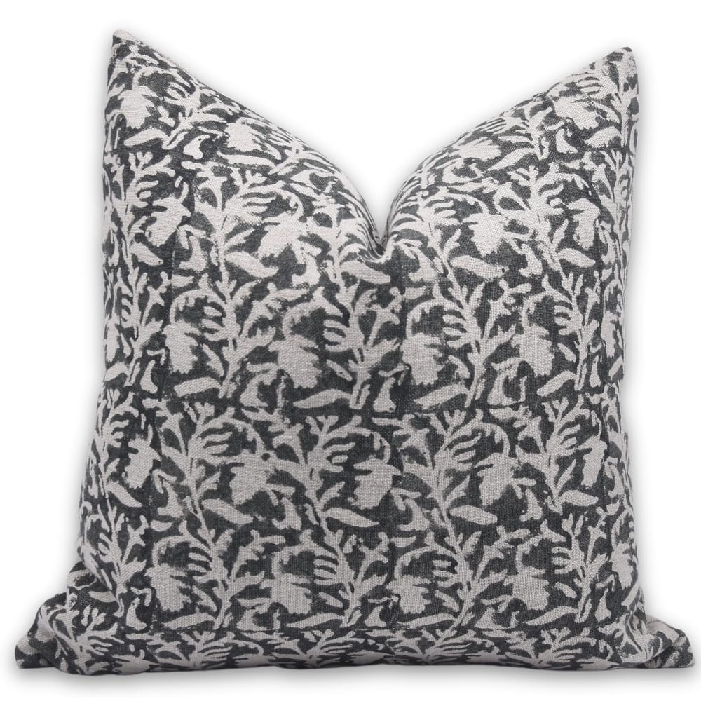 Fabdivine Black Floral Hand Block Heavy Linen Fabric Pillow or Cushion Cover