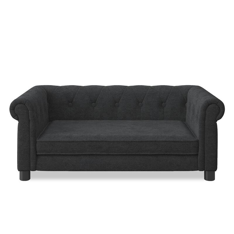 Roomfitters Upholstered Pet Sofa Chesterfield Style Elevated Dog Bed Couch with Rolled Arms and Button Tufted Back