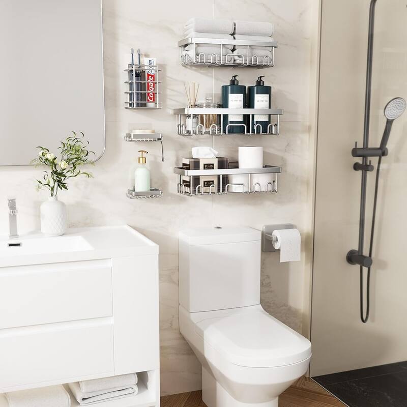 6-Pack Stainless Steel Shower Shelves, Large-Capacity Bathroom Organization and Storage.