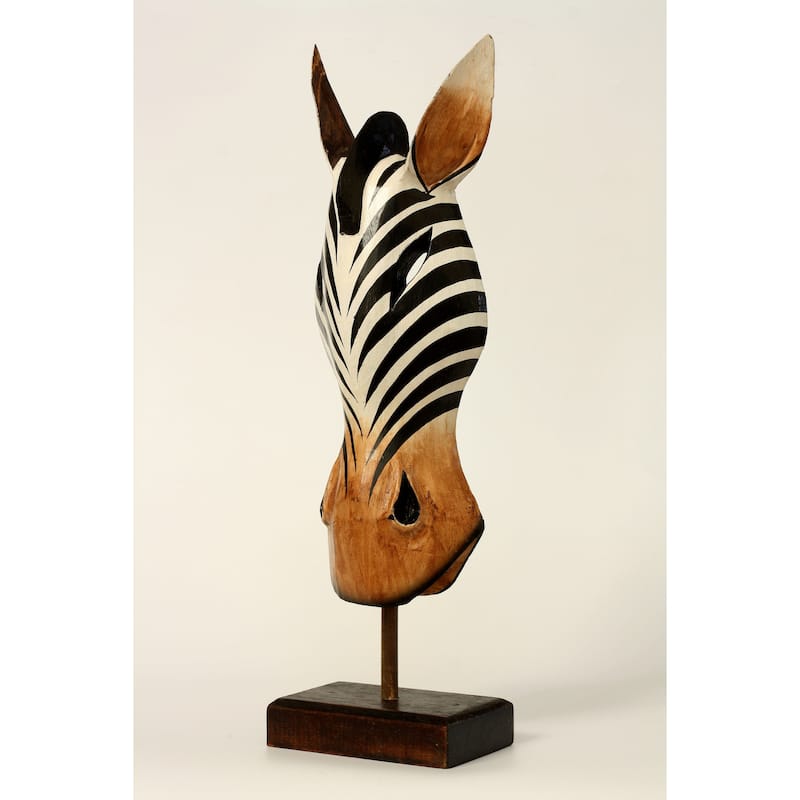20" Wooden Tribal Striped Zebra Mask with Stand Hand Carved Home Decor Accent Art Unique Sculpture Decoration Handmade