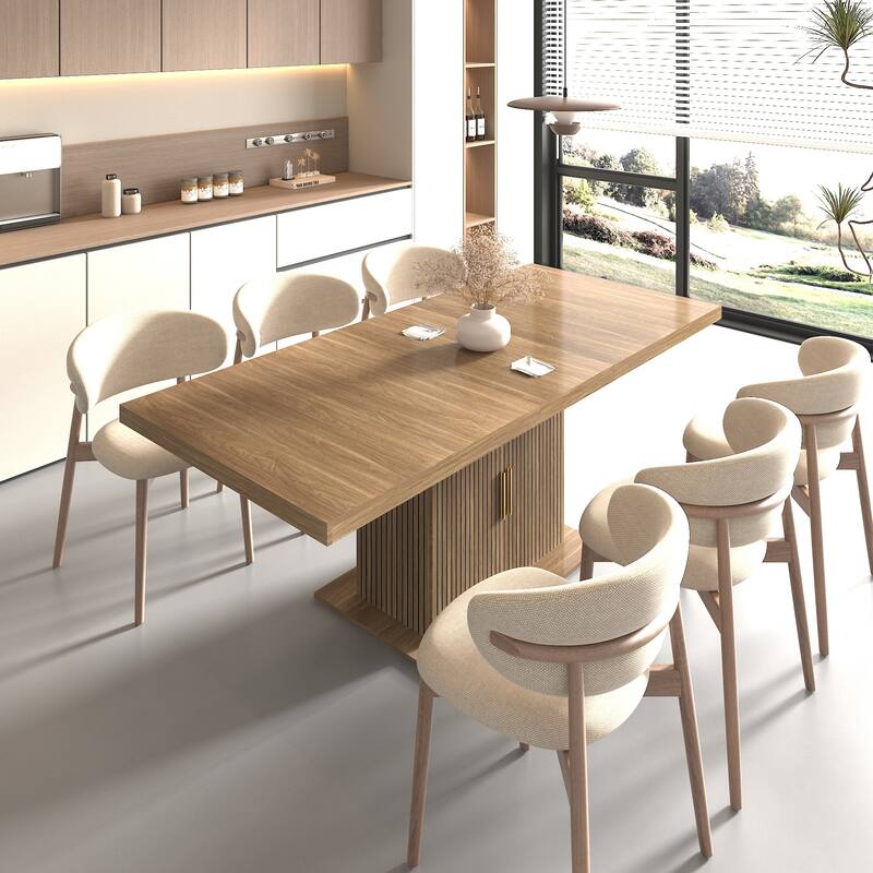 Extendable Cabinet Dining Table with Storage, Wood Kitchen Table with Striped Cabinet, Waterproof Coffee Table