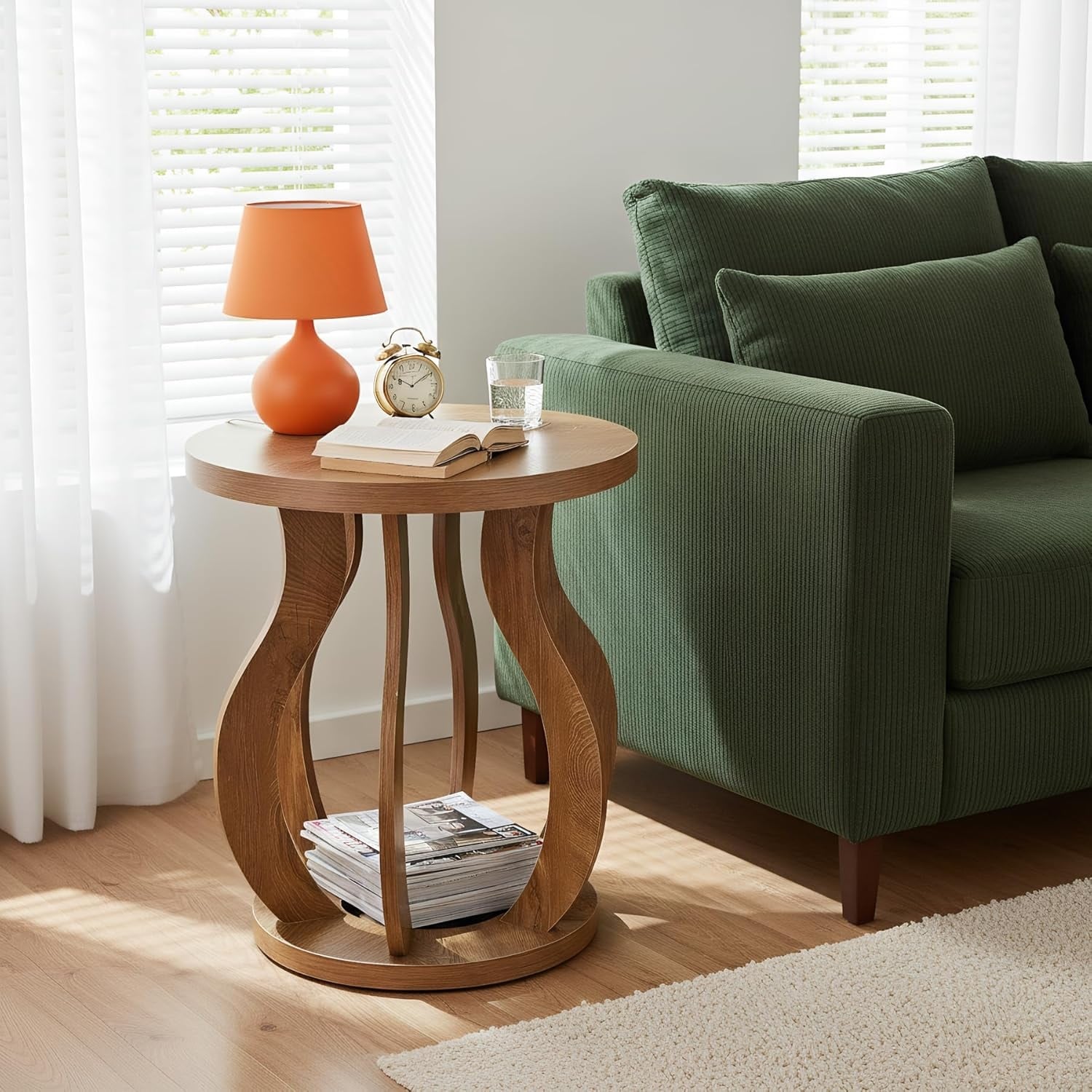 Round End Side Table with Curved Frame, Farmhouse Wooden Accent