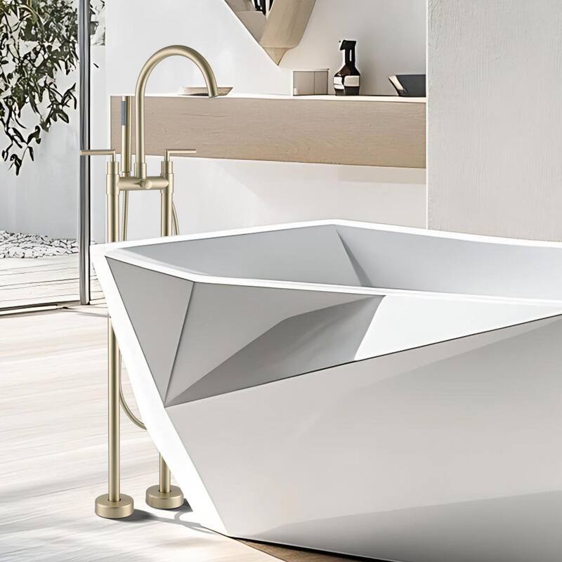 2-Handle 2-Hole Freestanding Tub Faucet with Hand Shower in Black/Gold