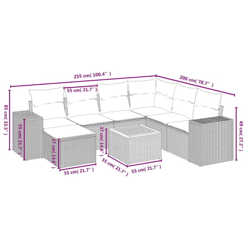 vidaXL 8 Piece Patio Sofa Set with Cushions Gray Poly Rattan