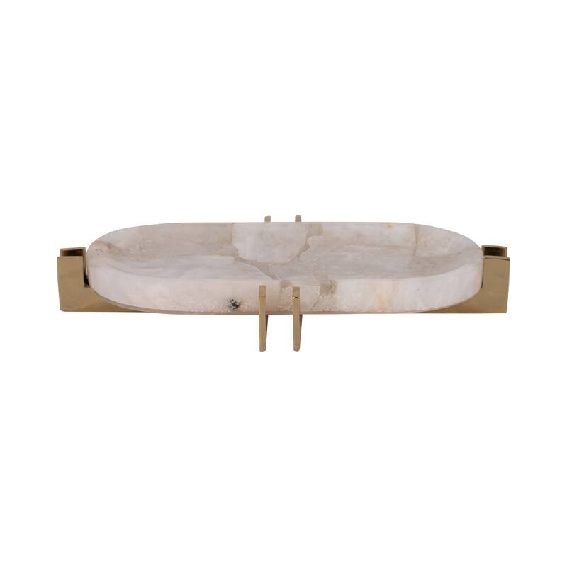 Quartz Accent Tray with Metal Base - Home Decor - 14", White & Gold - 13.5"