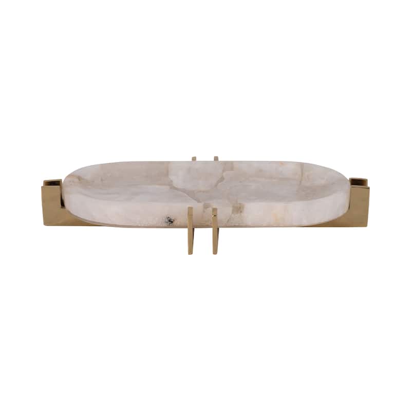 Sagebrook Home Quartz-Inspired 14" White Stone Tray With Gold Iron Details, Trays and Plates, Solid White - 14" x 8" x 2"
