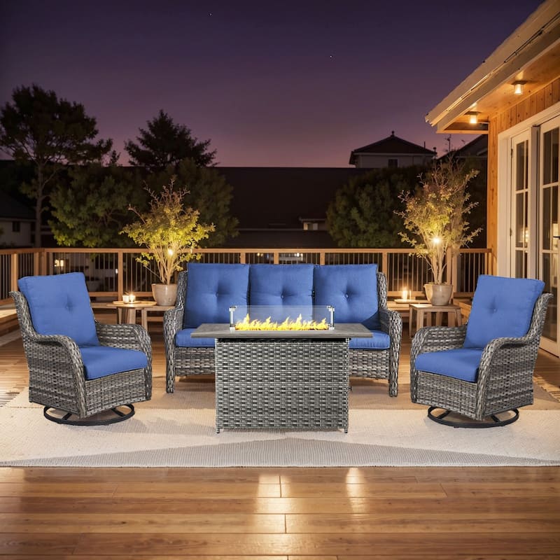 Fire Pit Table with Patio Glider Chairs Sofa Set - Grey - Blue