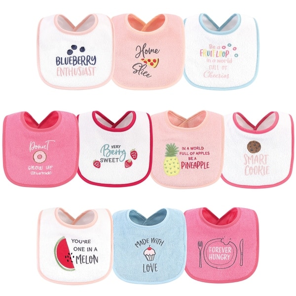 slide 1 of 1, Hudson Baby Infant Girl Cotton Terry Drooler Bibs with Fiber Filling 10pk, Food Girl, One Size - Food Girl - One Size One Size - Food Girl