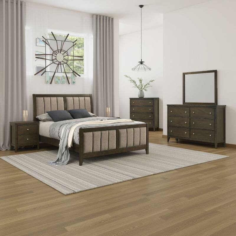 WIly 5 Piece Queen Bedroom Set, Dark Brown, Beige Upholstery, Nickel