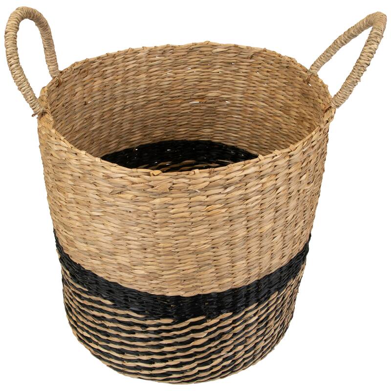 Set of 3 Black Beige Woven Table Floor Cylindrical Seagrass Baskets