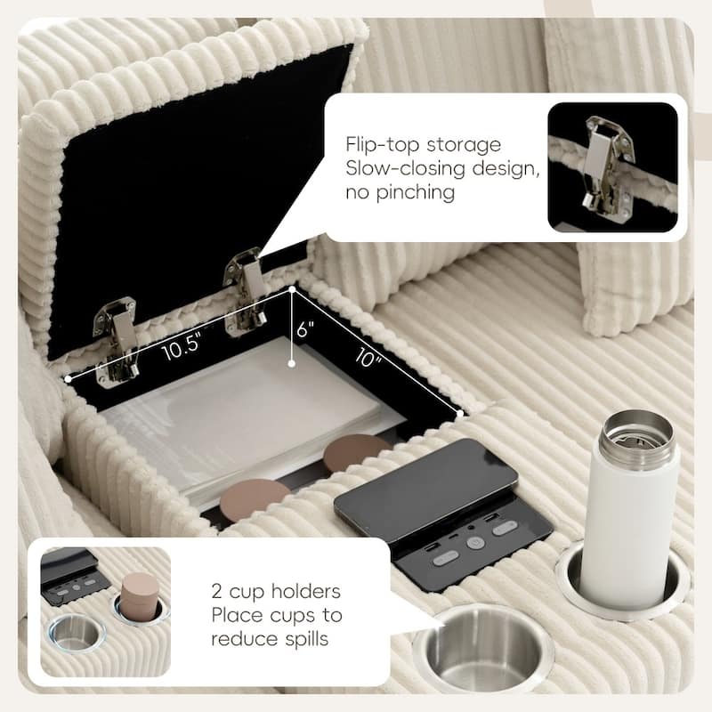 114'' Corduroy Sectional Sofa with Bluetooth Speakers and Console,USB Charger,Cup Holders,Storage,Ottoman