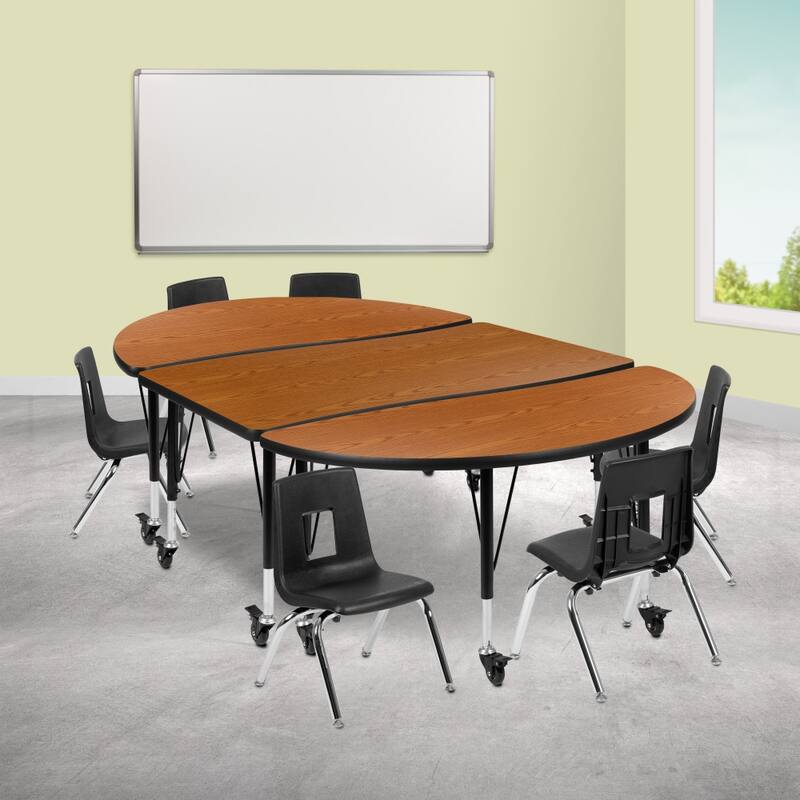 Mobile 76" Oval Wave Flexible Activity Table Set with 14" Student Stack Chairs - Oak