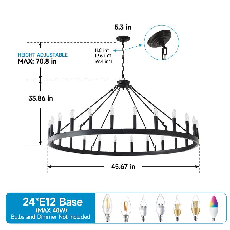 53.15 Inch Matte Black Wagon Wheel Chandelier with 24 light(No Bulbs)-E12