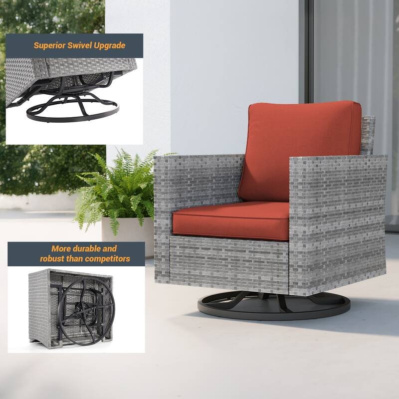 BONOSUKI 3Pcs Patio Swivel Rocking Sofa Set Grey Rattan w/Side Table