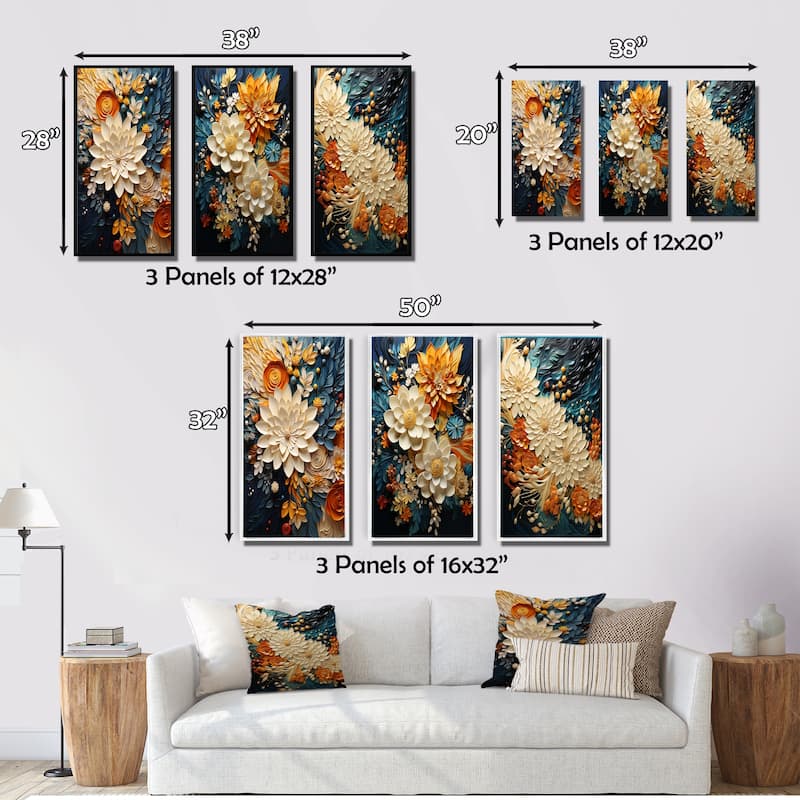 Designart "Orange Teal Botanical Whirlwind IV" Abstract Framed Wall Art Set Of 3 Frame Gallery Wall Set For Home Decor