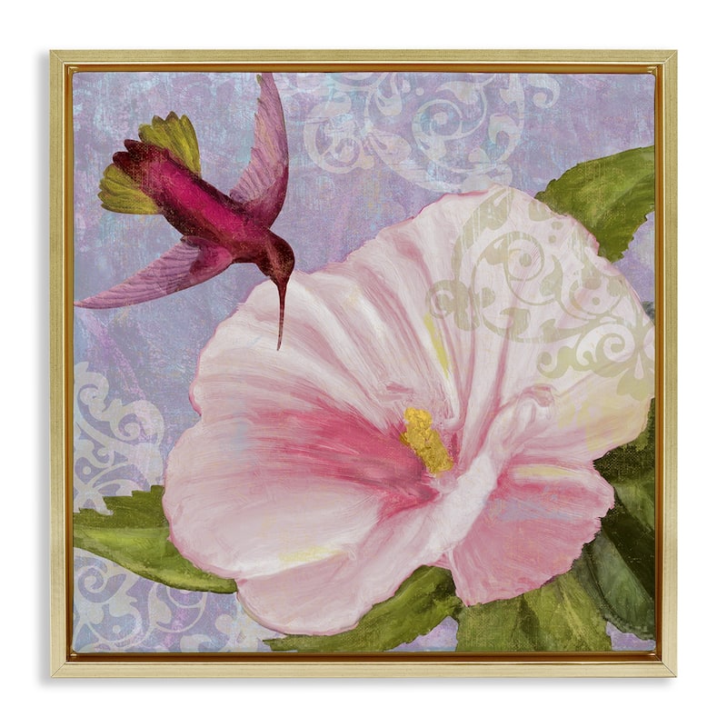 Stupell Hummingbird with White Flower Framed Floater Canvas Wall Art Design By Sasha - 25 x 25 - Gold