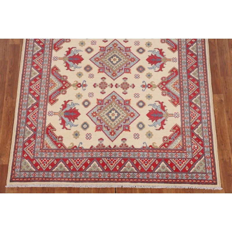 Ivory Kazak Oriental Area Rug Hand-Knotted Traditional Wool Carpet - 4'11" x 6'6"