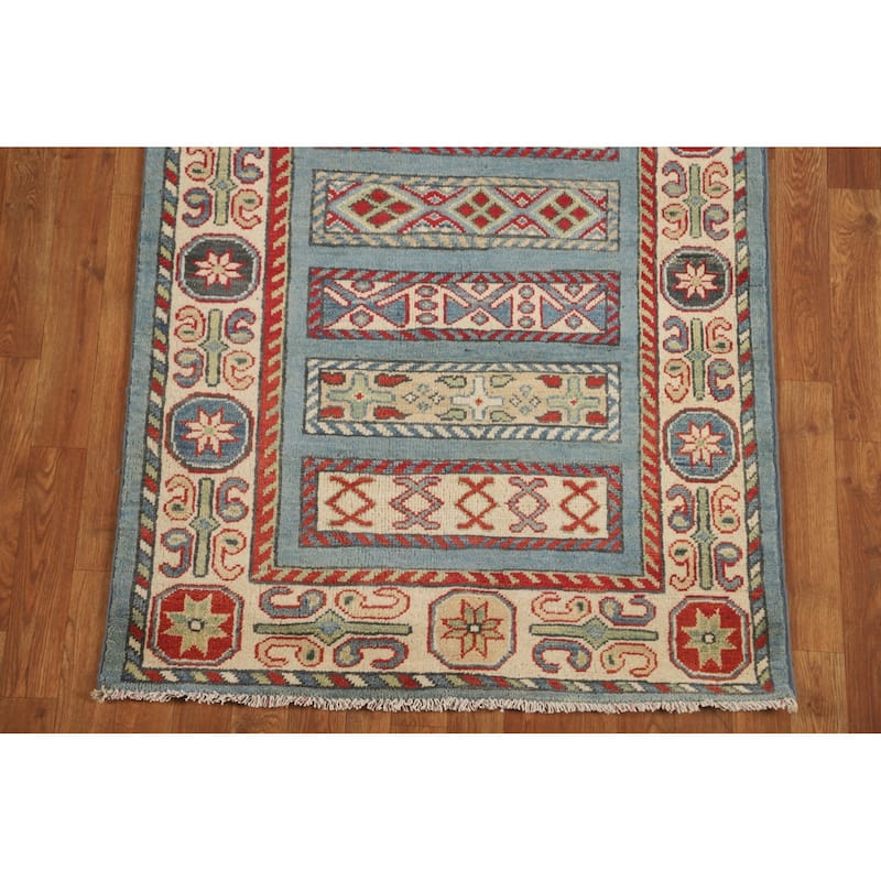 Blue Geometric Kazak Runner Rug Hand-Knotted Traditional Wool Carpet - 3'4" x 16'4"