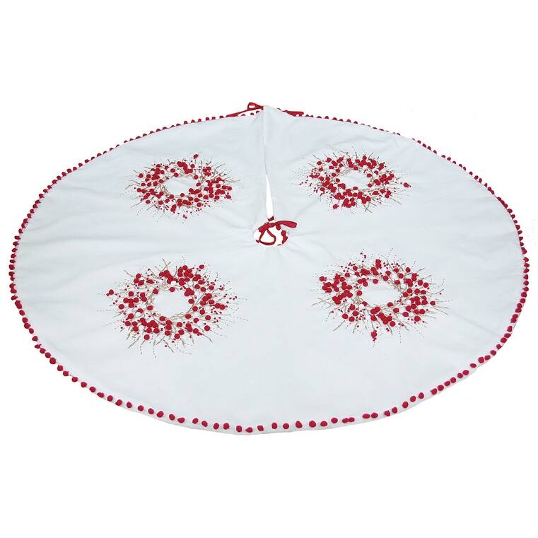 Holly Berry Wreath Ribbon and Pom Pom Embroidered Double Layer Tree Skirt - White - 48 in