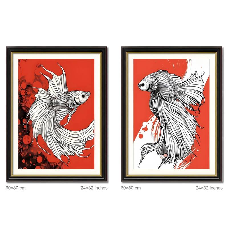 Set of 2 Betta Fish Canvas Wall Art - Interchangeable Prints with Solid Wood Frames, Modern Aquatic Artwork for Dining Room