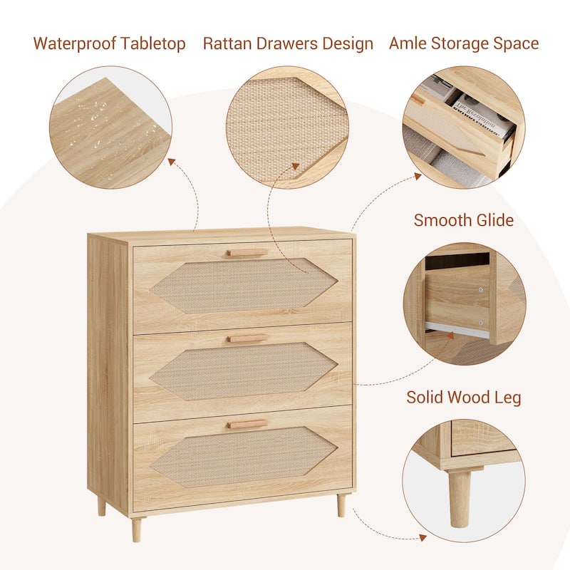 3 Drawer Rattan Dresser for Bedroom, Modern Wood Chest of Drawers with Rattan Accents