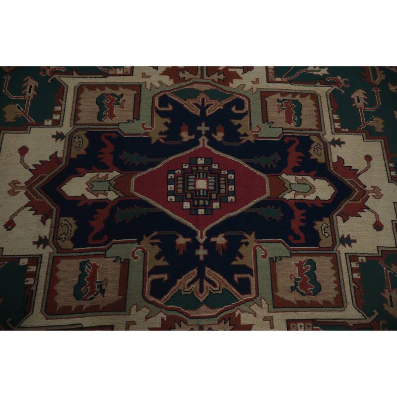 Hand Knotted Oriental 100% Wool Carpet Traditional Geometric Navy Blue & Blues Sumak Area Rug - 11' 11'' X 9' 0''