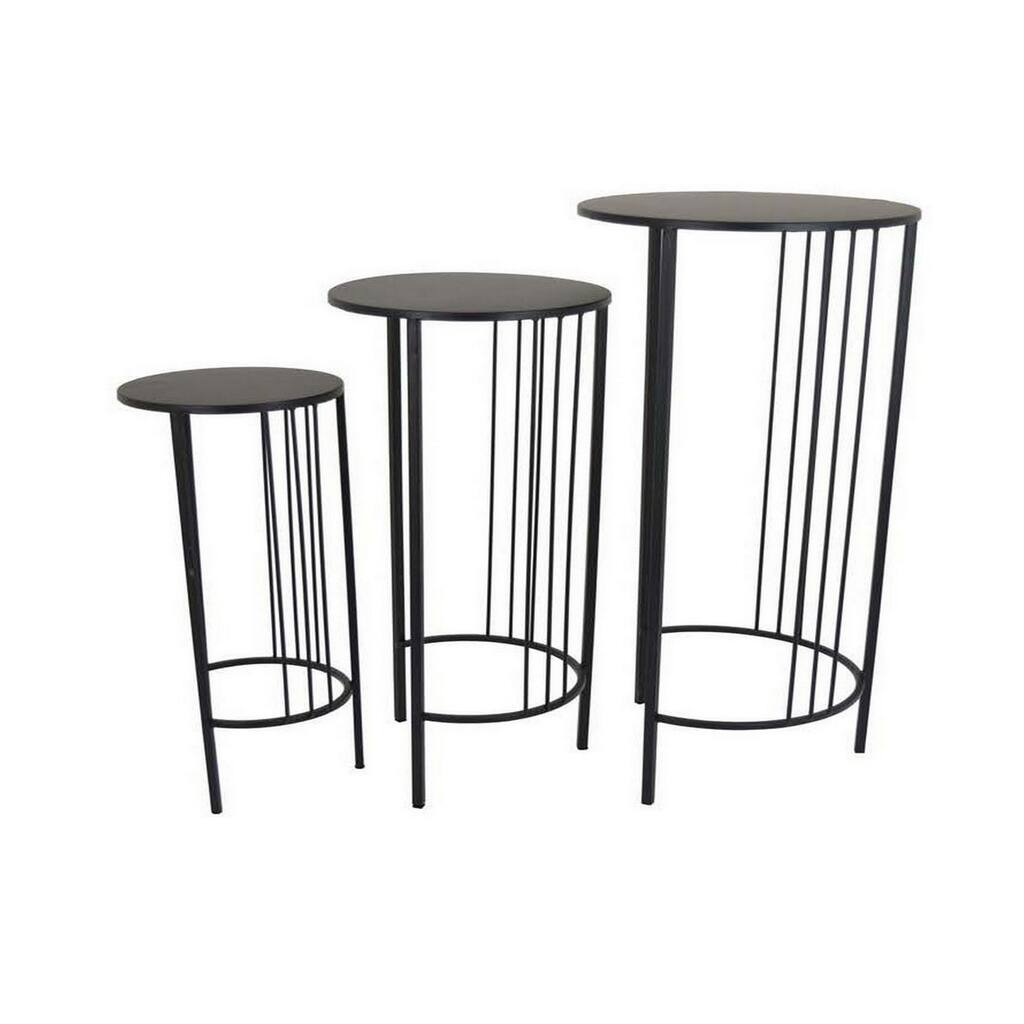 Modern Outdoor Plant Stand Side Table, Round Carved Top, Black Metal